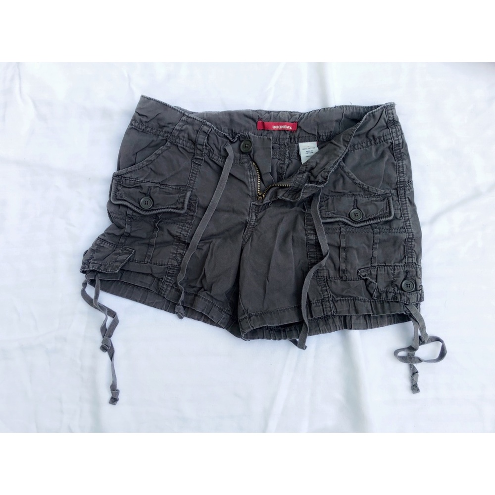 Gray cargo shorts with drawstring waist and legs